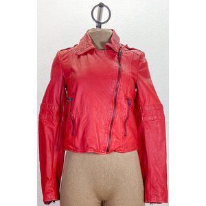 NWT 100% Genuine Leather Zara Red Moto Multi Zip High Collar Jacket
